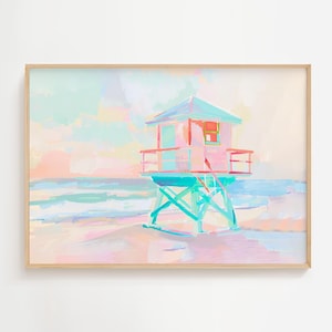 Beach Lifeguard House | Colorful Surfer Painting | Coastal Pastel Wall Art | Beach Summer House Prints | Pink Girly California Ocean Art
