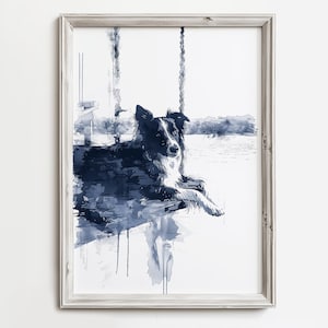 Border Collie On Swing | Abstract Water Dog Artwork | Coastal Summertime Decor | Blue Sketch Print | Cute Collie | Beach House Cottage Art