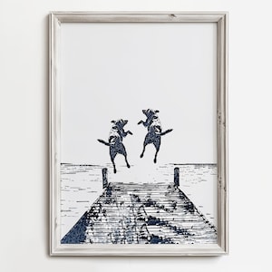 Two Happy Dogs Jump Off Dock | Summertime Dog Art | Coastal Home Cottage Decor | Fun Waterdog Print | Dark Blue Sketch | Dog Lover Art