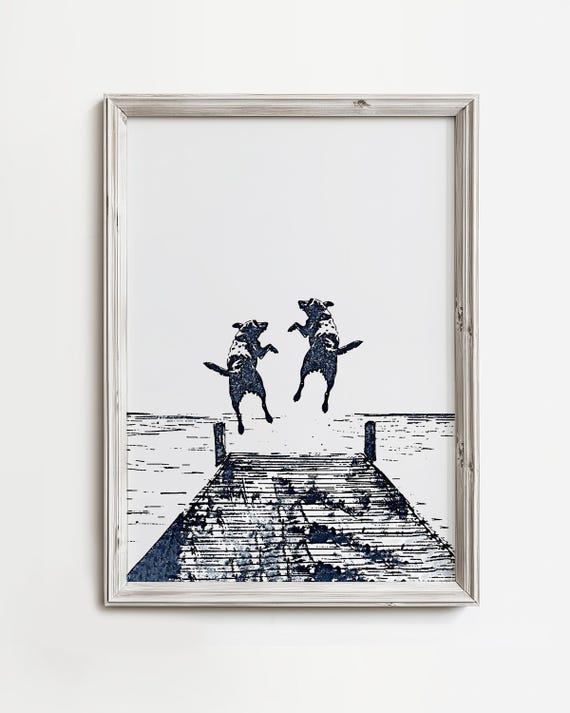 Two Happy Dogs Jump off Dock | Summertime Dog Art | Coastal Home