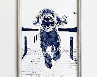 Doodle Dock Run | Fun Waterdog Sketch | Happy Smiling Doodle Dog | Summertime Art For Dog Lovers | Lake Home Cottage | Rustic Decor Print