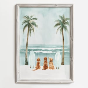 Surfing Dog Paradise Found | Cute Adorable Dog Lover Art | Fun Whimsical Painting | Coastal Beach Waterdogs | Colorful Pastel Watercolor