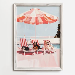 Relaxing Dog Afternoon | Dog Vacation Print | Whimsical Pink Pastel Painting | Fun Summer Canine Art & Retro Dog Wall Decor for Dog Lovers
