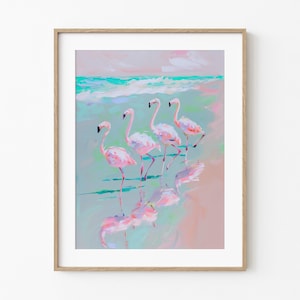 Flamingo Dance | Sea Life Ocean Painting | Flamingos On Beach | Colorful Pastel Impressionist | Pretty Beach Coastal Art | Dry Brush Medium