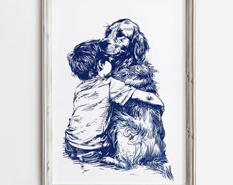 May include: A framed print featuring a detailed blue illustration of a child embracing a Golden Retriever. The artwork is set against a white background, with the figures rendered in a detailed, sketch-like style. The frame is a light, neutral color.