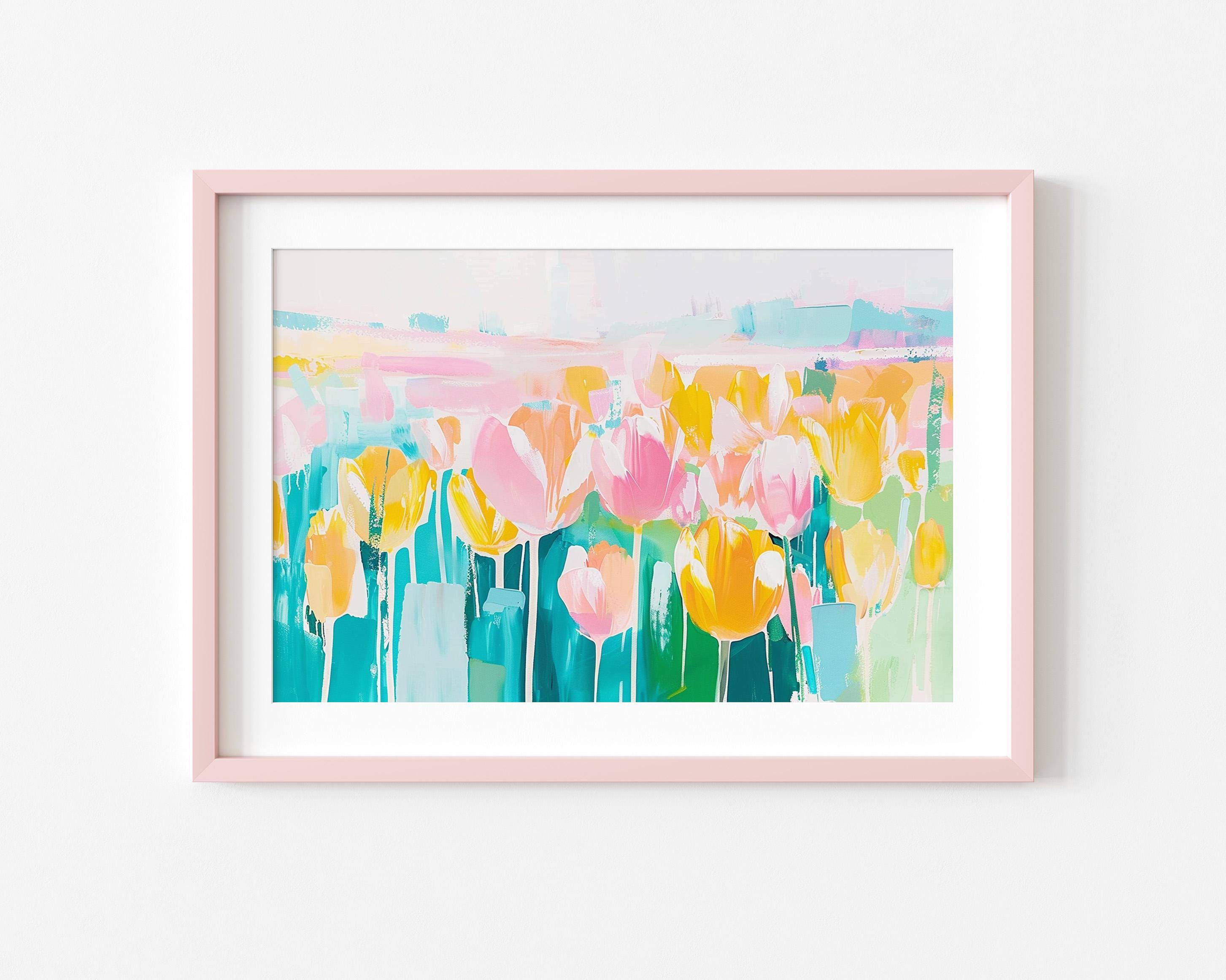 色とりどりの花が咲くチューリップの絵画 - 抽象的な春の田園風景