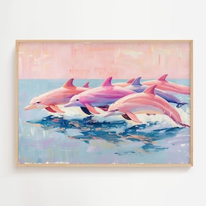 Rosa Delfine springen | Pastell Küstenmalerei | Girly Sea Life Art | Sommer Strand Wand Dekor | Meeressäugetier Kunst | Farbenfrohe Meerlandschaft
