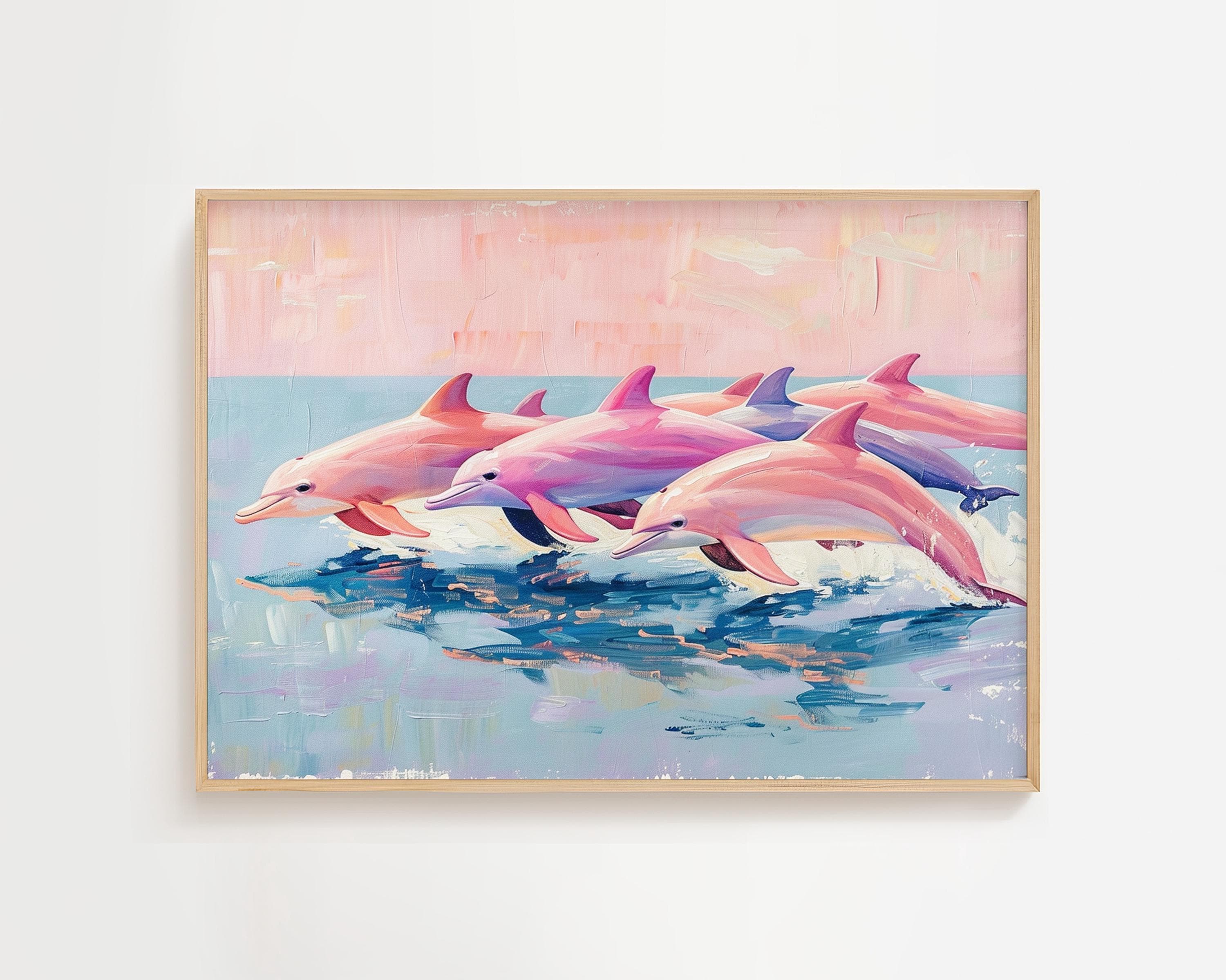 Pink Dolphins Jumping | Pastel Coastal Painting | Girly Sea Life