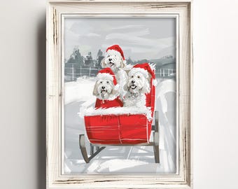 May include: A framed print depicts three white dogs in a red sleigh, each wearing a Santa hat. The dogs are set against a snowy winter landscape with a fence and trees in the background. The frame is white.