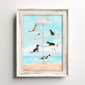Whimsical Surfing Dog Carousel | Fanciful Dog Lover Art | Fun Whimsical Painting | Coastal Beach Waterdogs | Colorful Pastel Watercolor