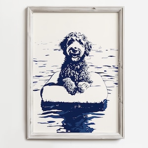 Lazy Doodle Lake Day | Fun Coastal Dog Art | Summertime Beach Cottage Decor | Cute Waterdogs | Dog Lover Wall Art | Blue Sketch Print