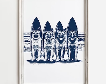 German Shepherds Surfboards | Shepherd Lover Print | Whimsical Beach Dog Art | Fun Summer Beach Cottage Decor | Cute Home Art | Blue Sketch