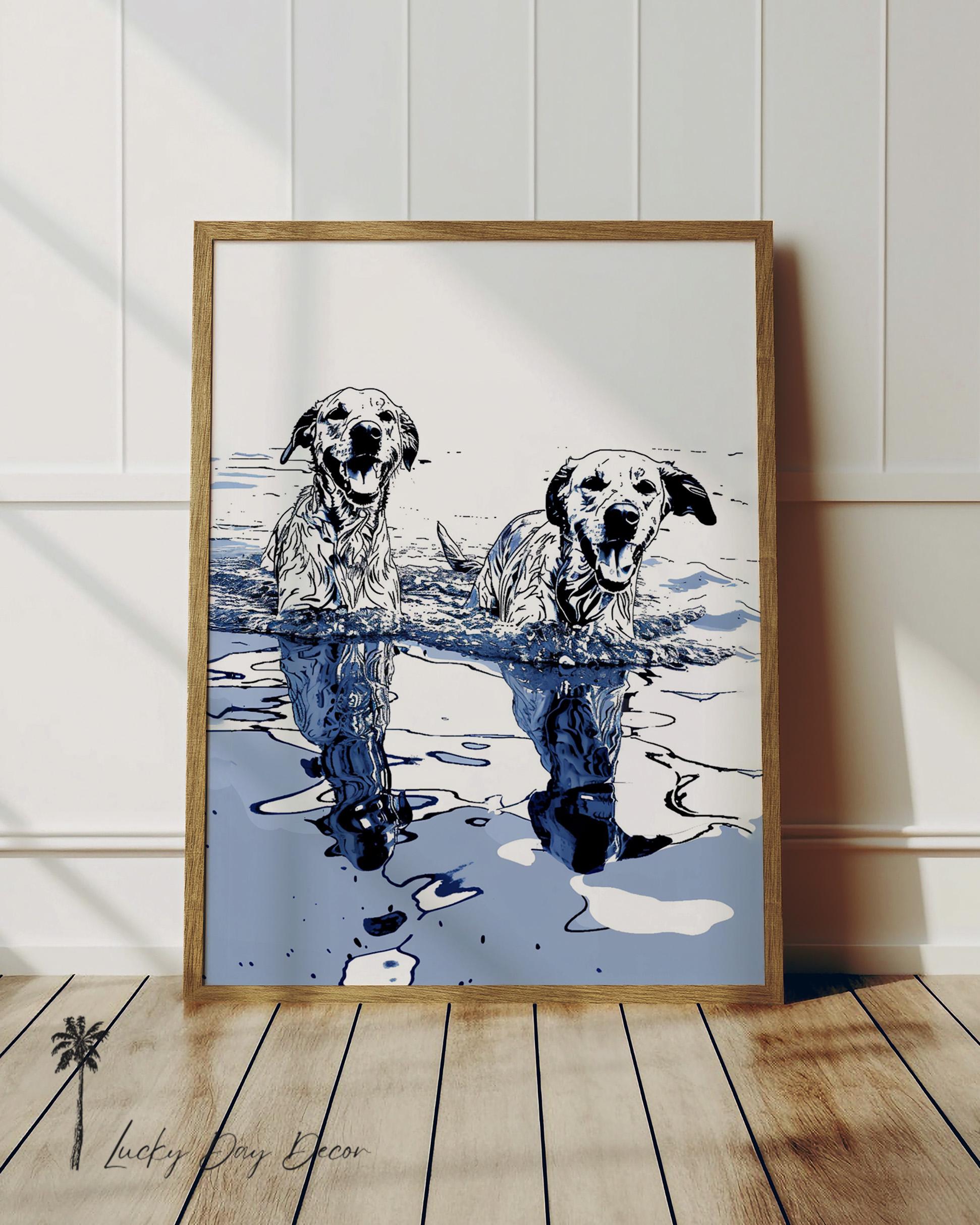 Yellow Labs Walking in Lake | Summertime Dog Sketch Art | Happy