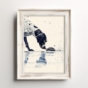 Dog Finds Turtle | Cute Coastal Waterdog Sketch | Summertime Wall Art For Dog Lovers | Lake Home Cottage Decor | Adorable Coastal Print