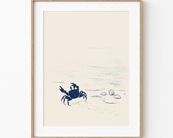 Crab And Shells | Island Life Home Decor | Vintage Navy Ink Drawing | Coastal Wall Art | Tropical Ocean Lover | Beach House Condo