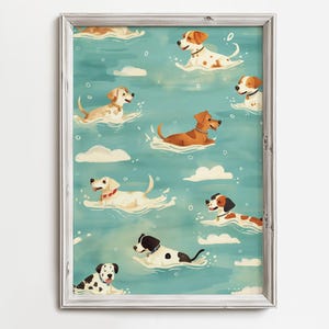 Happy Water Dogs Swim | Fanciful Dog Lover Art | Fun Whimsical Painting | Coastal Beach Waterdogs Print | Colorful Pastel Watercolor