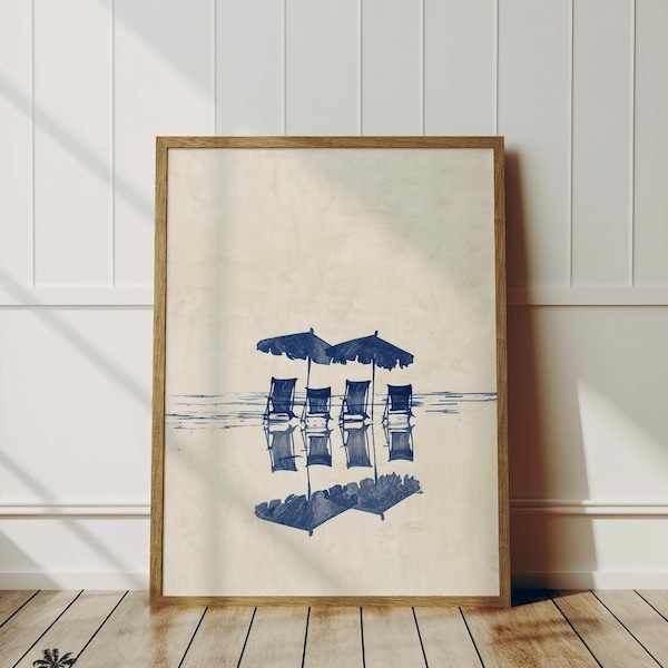 Beach Chairs & Umbrellas | Relaxing Coastal Sketch | Minimalist Beach House Wall Decor | Ocean Artwork | Cottage Vacation Seaside Print