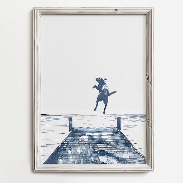 Happy Dog Jumps Off Dock | Summertime Dog Sketch Art | Coastal Cottage Decor | Boat House Artwork | Lake Water Pups Print for Dog Lovers