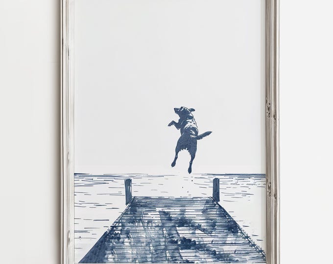 Happy Dog Jumps Off Dock | Summertime Dog Sketch Art | Coastal Cottage Decor | Boat House Artwork | Lake Water Pups Print for Dog Lovers