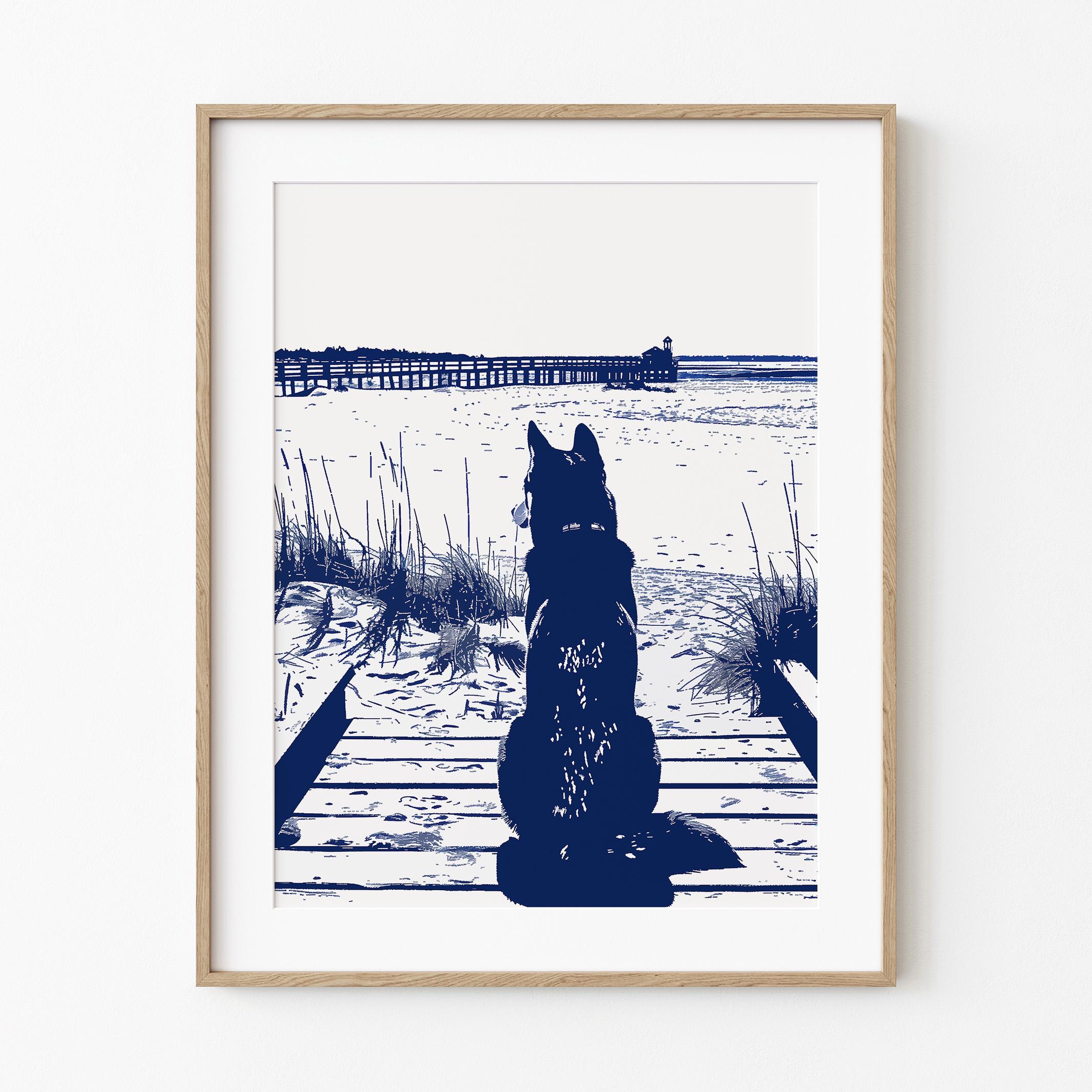 Husky Dog On Lookout | Fun Coastal Dog Art | Summertime Beach Cottage Decor | Cute Waterdogs | Dog Lover Wall Art | Blue Sketch Print