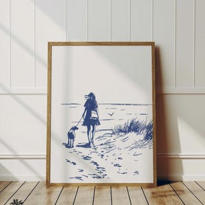 May include: A blue line drawing of a person walking a dog on a beach. The person is wearing a dress and has long hair. The dog is a small breed and is on a leash. The beach is empty and the ocean is in the background.