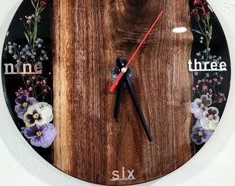 Wall clock made of wood, dried flowers and epoxy resin, handmade.  Size 13 inches.
