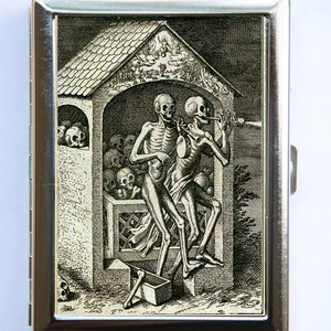 May include: A vintage black and white illustration of two skeletons playing music in a stone archway. The skeletons are dressed in robes and are holding musical instruments. The illustration is set against a dark background.