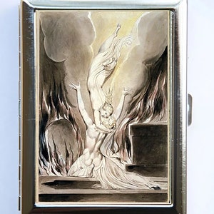 May include: A watercolor painting of a woman being lifted up to heaven by an angel. The woman is wearing a white robe and the angel is wearing a white gown. The painting is set against a background of clouds and fire.
