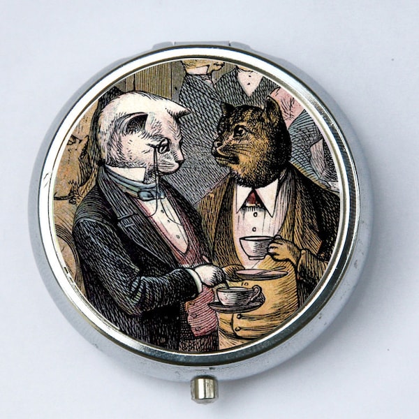 Cat PILL CASE pillbox pill holder drinking tea regal elegant anthropomorphic