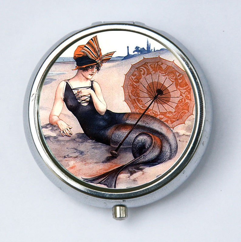 Flapper Mermaid pillbox PILL CASE BOX holder on the Beach Parisian art nouveau art deco victorian diy vitamins meds image 1