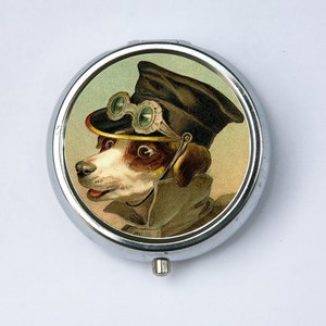 Steampunk Dog pillbox PILL case pill box holder DIY goggles top hat beagle