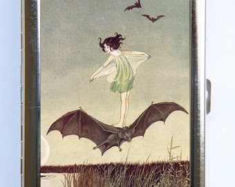 Girl Riding Bat Cigarette Case id case Wallet Business Card Holder Art Nouveau fairytale