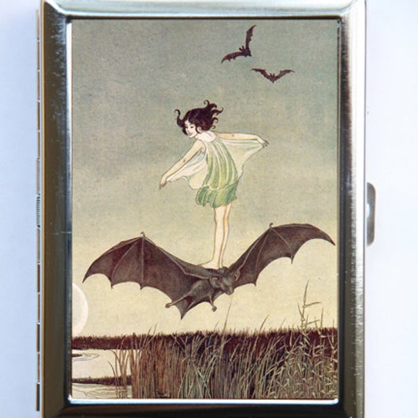 Girl Riding Bat Cigarette Case id case Wallet Business Card Holder Art Nouveau fairytale