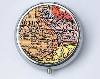 Portland PILL case pill box pillbox holder Vintage Map Oregon