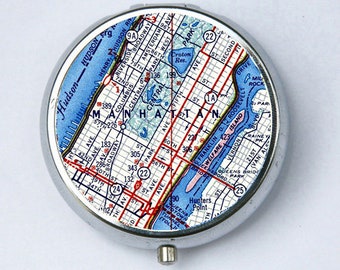 Manhattan New York NY PILL case pill box pillbox holder Vintage Map