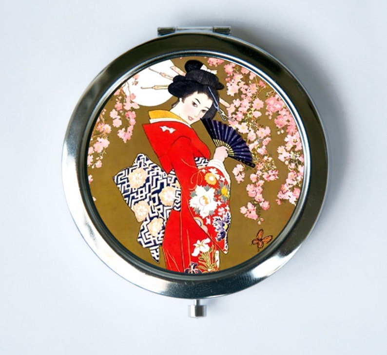Japanese Geisha Compact MIRROR Pocket Mirror cherry blossoms Etsy