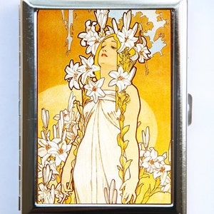 Jugendstil Lilie Mädchen Zigarette Fall id Fall Brieftasche Visitenkarte Halter mucha Göttin Blumen