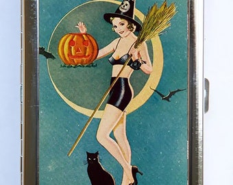 Pin up Witch Moon Cat Halloween Cigarette Case Wallet Card Holder
