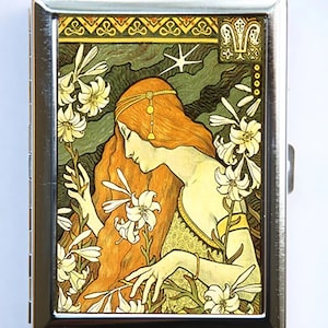 Estuche para cigarrillos Art Nouveau Goddess, estuche para identificación, billetera, tarjetero, flores y lirios