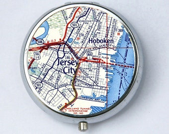 Jersey City Hoboken PILL case pill box pillbox holder Vintage Map