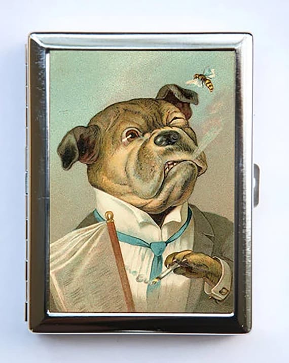 Bulldog Smoking Cigarette Case Wallet Business Card Holder Funny Humor  Anthropomorphic Kitsch