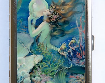 Mermaid holding a Pearl Cigarette Case Wallet Business Card Holder art nouveau deco victorian DIY