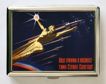 Soviet space propaganda Cigarette Case Wallet Business Card Holder hammer sickle russian russia outer space sci-fi
