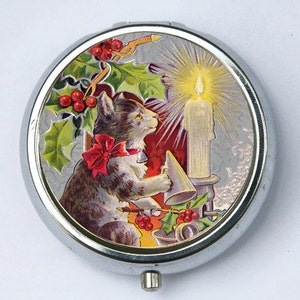 Cat Christmas PILL CASE pilllbox holder candle holly holiday
