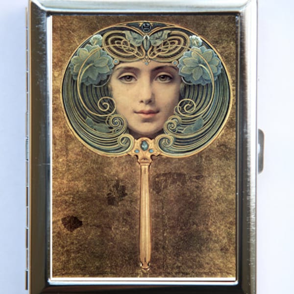 Welden Hawkins Face Cigarette Case Wallet Business Card Holder Art Nouveau fine art painting butterfly flowers