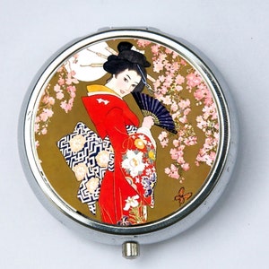 Japanese Geisha PILL CASE pillbox pill holder cherry blossoms butterfly