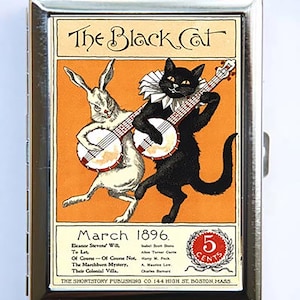 Schwarze Katze Kaninchen spielen Banjo Zigarettenetui Brieftasche Visitenkartenhalter