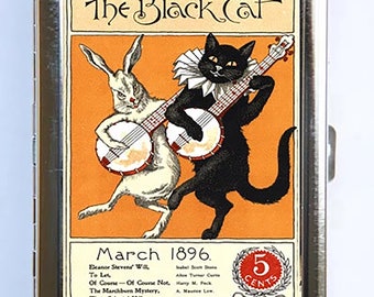 Black Cat Rabbit Playing Banjo Cigarette Case Wallet Business Card Holder
