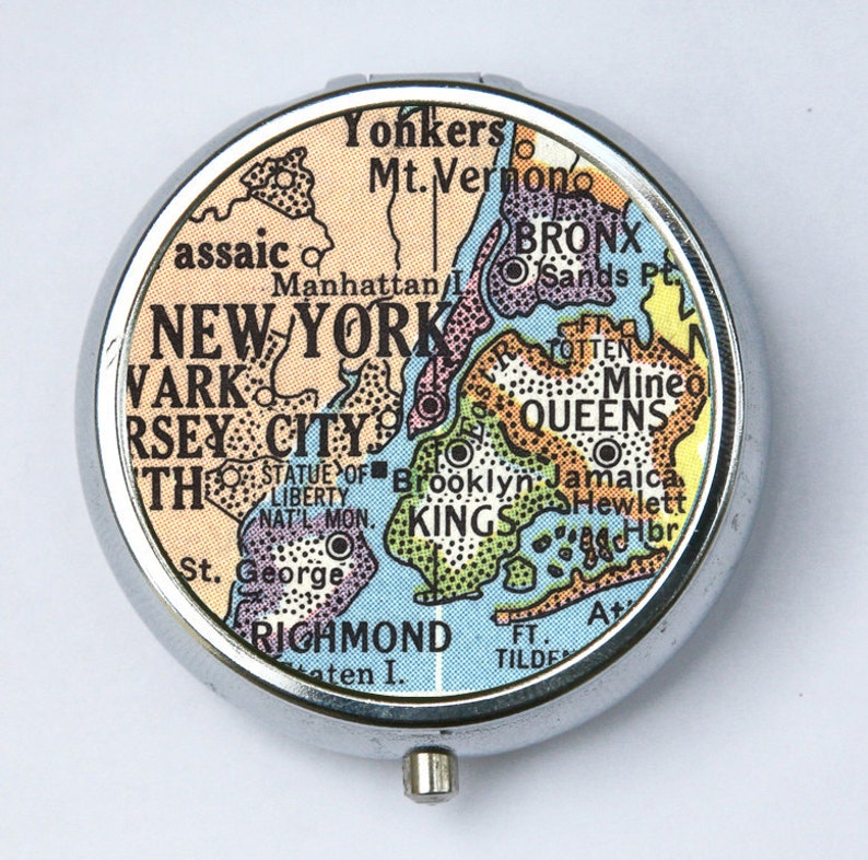 New York PILL case pill box pillbox holder Vintage Map Bronx Brooklyn Queens image 1