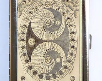 May include: A silver cigarette case with a vintage illustration of the phases of the moon. The image is titled "Schematum Selenæcum cum lunare epocha" and "Iconismus XXI. Folio. 1557".